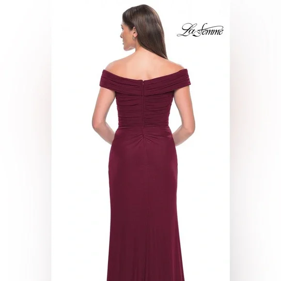 La Femme Off Shoulder Trumpet Gown, Wine color, Size 10, $328